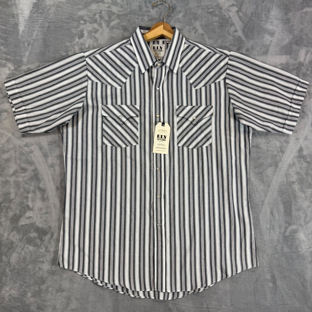 New Ely Cattleman Mens Western Short Sleeve Pearl Snap Shirt L Striped Gray